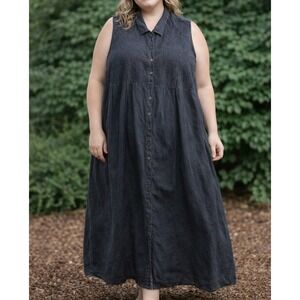 Vintage Kiko Woman Maxi 100% Pintuck Linen Black Button Down Lagenlook Dress
